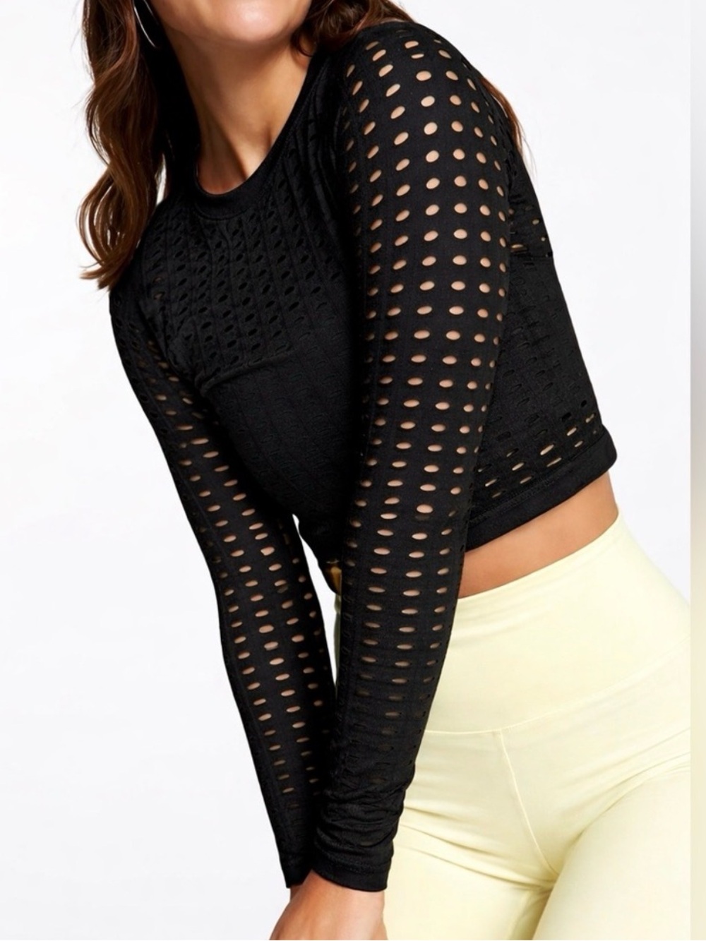 CALIA Black Mesh Crop Long Sleeve Top Athleisure Techwear Balletcore Medium